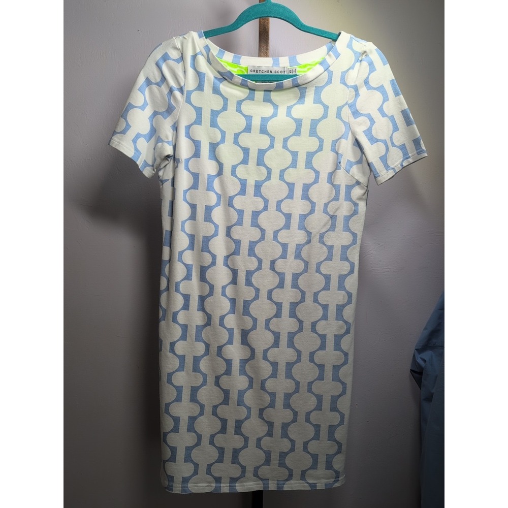 Gretchen Scott Dress Women Size XS White Blue Round Neck‎ Short Sleeve Geometric